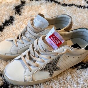 Mix-matched RARE Golden Goose White Sneakers with Green and Tan Details